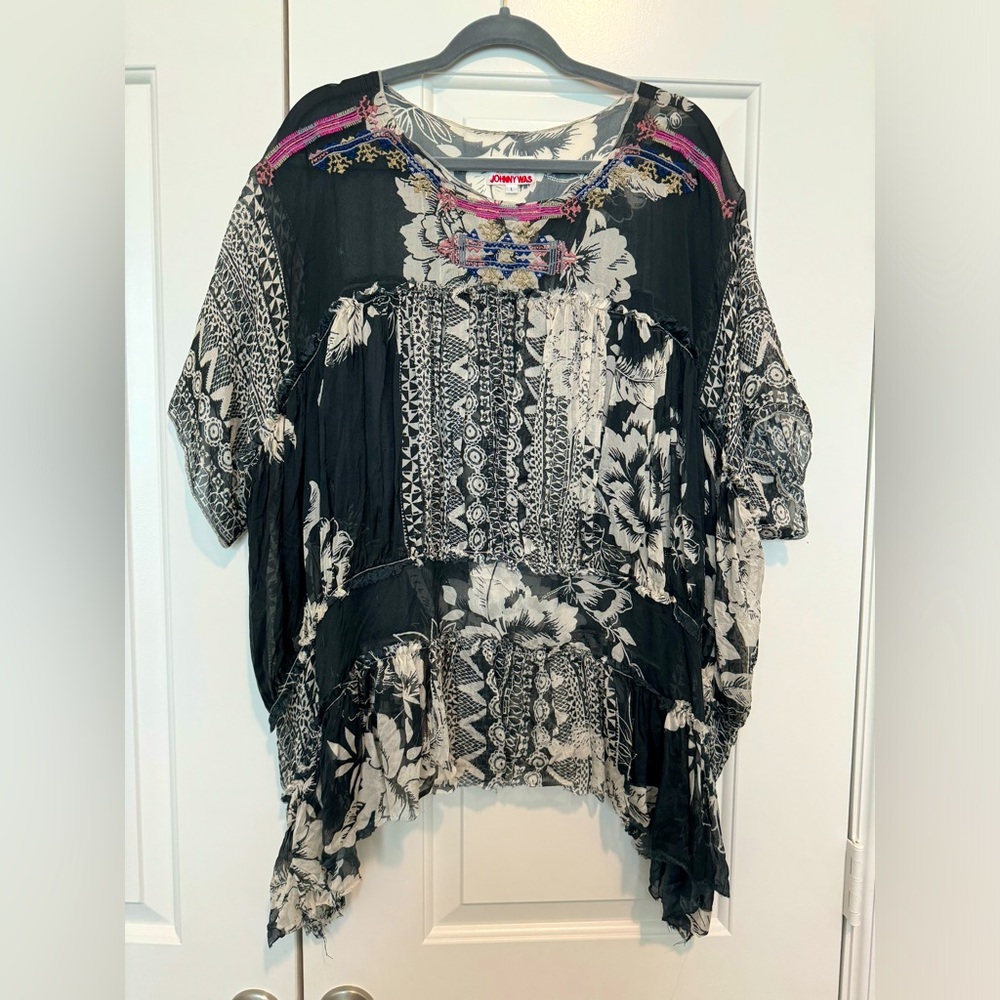 Johnny Was Black and Cream Floral Patchwork Blouse